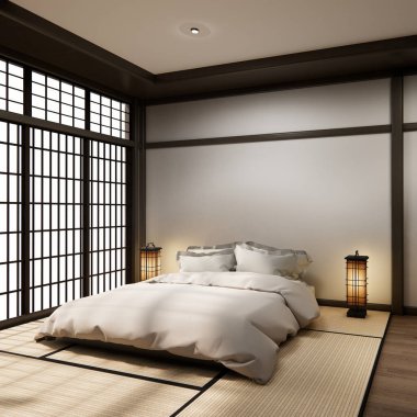 Yatak odası Japon tarzı, modern beyaz duvar ve ahşap zemin, oda minimalisti. 3B görüntüleme