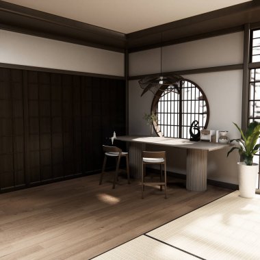 Japon usulü yemek odası, uzun masa ve Japon yapımı ahşap sandalyeler.