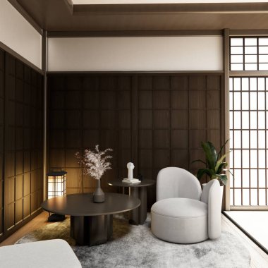 Oturma odasındaki alçak masa Japon stili, süslemesi çok az. 3B görüntüleme