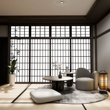 Oturma odasındaki alçak masa Japon stili, süslemesi çok az. 3B görüntüleme