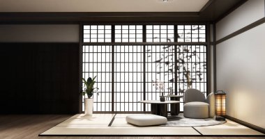 Oturma odasındaki alçak masa Japon stili, süslemesi çok az. 3B görüntüleme