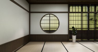 Modern Japon tatami paspas döşemesi, ahşap oda wabisabi geleneksel tarzı. 3B görüntüleme