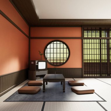 En az 3D oturma odasındaki Japon dekorasyonuyla turuncu, gür lav renk odası modeli.
