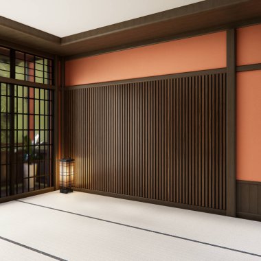 En az 3D oturma odasındaki Japon dekorasyonuyla turuncu, gür lav renk odası modeli.