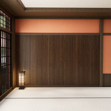 En az 3D oturma odasındaki Japon dekorasyonuyla turuncu, gür lav renk odası modeli.