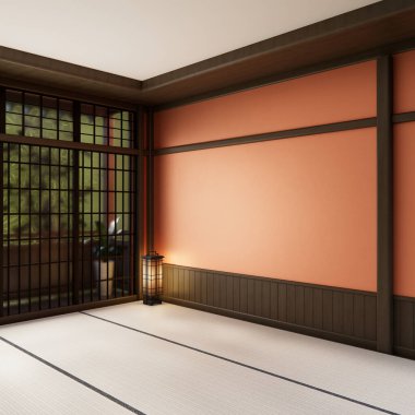 En az 3D oturma odasındaki Japon dekorasyonuyla turuncu, gür lav renk odası modeli.