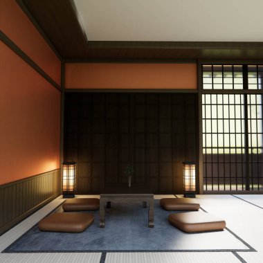 En az 3D oturma odasındaki Japon dekorasyonuyla turuncu, gür lav renk odası modeli.