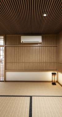Japon tarzı tatami paspas ve lamba kaplı modern oda temizleme odası. 3B görüntüleme