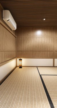 Japon tarzı tatami paspas ve lamba kaplı modern oda temizleme odası. 3B görüntüleme