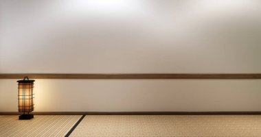 Japon tarzı tatami paspas ve lamba kaplı modern oda temizleme odası. 3B görüntüleme