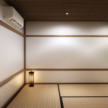 Japon tarzı tatami paspas ve lamba kaplı modern oda temizleme odası. 3B görüntüleme