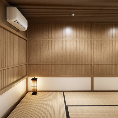 Japon tarzı tatami paspas ve lamba kaplı modern oda temizleme odası. 3B görüntüleme