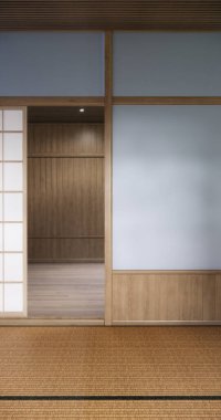 Serin renkler serinlik ve sakinlik hissi verir. Japon geleneksel odası, boş oda ve dekorasyon odası japan tarzı 3D görüntüleme.