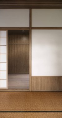 Japon tarzı tatami paspas ve lamba kaplı modern oda temizleme odası. 3B görüntüleme