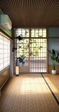 Serin renkler serinlik ve sakinlik hissi verir. Japon geleneksel odası, boş oda ve dekorasyon odası japan tarzı 3D görüntüleme.