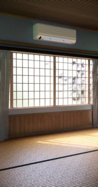 Serin renkler serinlik ve sakinlik hissi verir. Japon geleneksel odası, boş oda ve dekorasyon odası japan tarzı 3D görüntüleme.