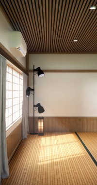 Japon tarzı tatami paspas ve lamba kaplı modern oda temizleme odası. 3B görüntüleme