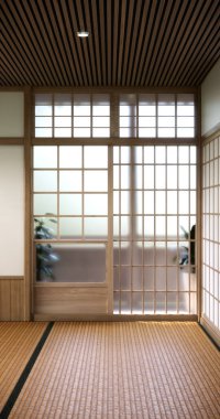 Japon tarzı tatami paspas ve lamba kaplı modern oda temizleme odası. 3B görüntüleme
