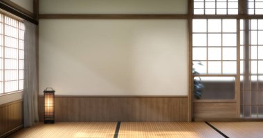 Japon tarzı tatami paspas ve lamba kaplı modern oda temizleme odası. 3B görüntüleme