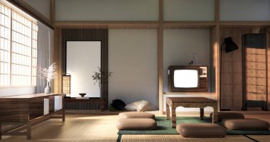 Japon geleneksel alçak masa ve en az muji odası japan tarzı 3D dekorasyon.