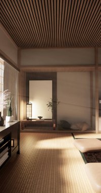 Japon tarzı tatami paspas ve lamba kaplı modern oda temizleme odası. 3B görüntüleme