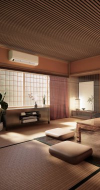 Japon geleneksel alçak masa ve en az muji odası japan tarzı 3D dekorasyon.