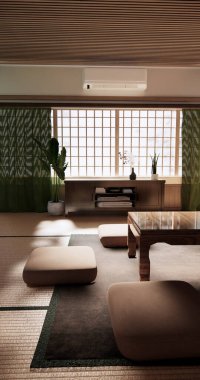 Japon geleneksel alçak masa ve en az muji odası japan tarzı 3D dekorasyon.