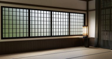 Japon tarzı tatami paspas ve lamba kaplı modern oda temizleme odası. 3B görüntüleme