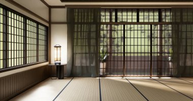 Japon tarzı tatami paspas ve lamba kaplı modern oda temizleme odası. 3B görüntüleme
