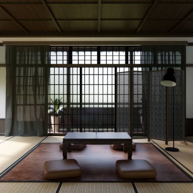 Japon geleneksel alçak masa ve en az muji odası japan tarzı 3D dekorasyon.