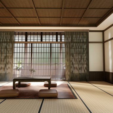 Japon geleneksel alçak masa ve en az muji odası japan tarzı 3D dekorasyon.