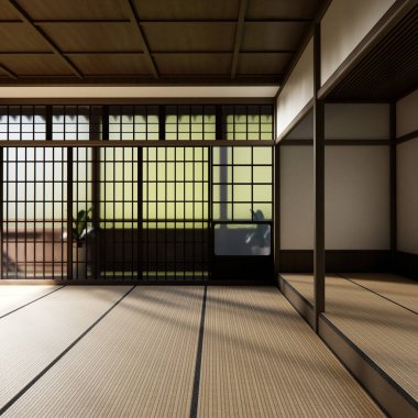 Japon tarzı tatami paspas ve lamba kaplı modern oda temizleme odası. 3B görüntüleme