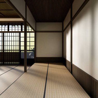 Japon tarzı tatami paspas ve lamba kaplı modern oda temizleme odası. 3B görüntüleme