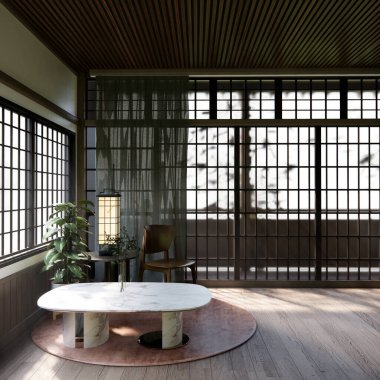 Japon geleneksel alçak masa ve en az muji odası japan tarzı 3D dekorasyon.