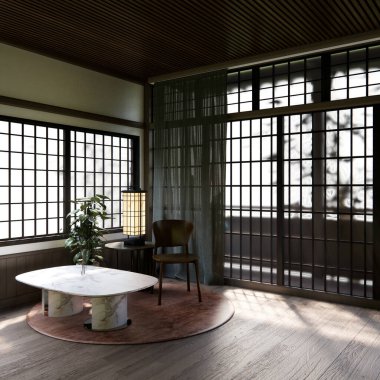 Japon geleneksel alçak masa ve en az muji odası japan tarzı 3D dekorasyon.