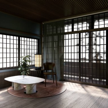 Japon geleneksel alçak masa ve en az muji odası japan tarzı 3D dekorasyon.