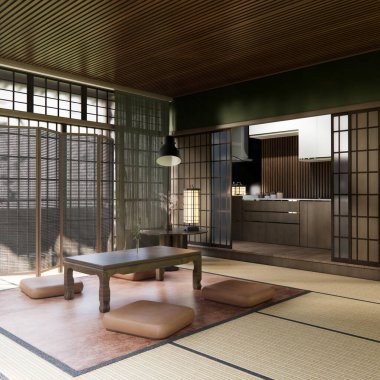 Japon geleneksel alçak masa ve en az muji odası japan tarzı 3D dekorasyon.