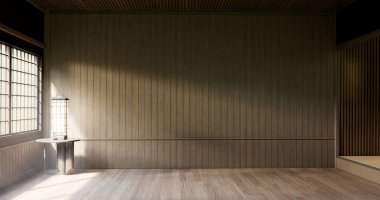 Muji tarzı boş oda ahşap paneller arka plan 3 boyutlu resimleme