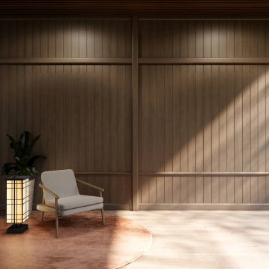 Muji tarzı boş oda ahşap paneller arka plan 3 boyutlu resimleme