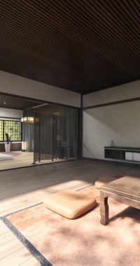 Japon geleneksel alçak masa ve en az muji odası japan tarzı 3D dekorasyon.