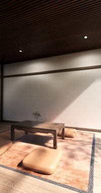 Japon geleneksel alçak masa ve en az muji odası japan tarzı 3D dekorasyon.