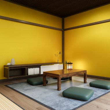 Japon geleneksel alçak masa ve en az muji odası japan tarzı 3D dekorasyon.