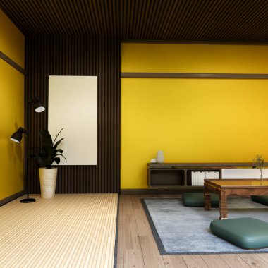 Japon geleneksel alçak masa ve en az muji odası japan tarzı 3D dekorasyon.