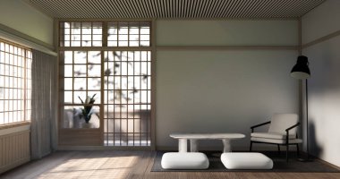 Japon geleneksel alçak masa ve en az muji odası japan tarzı 3D dekorasyon.