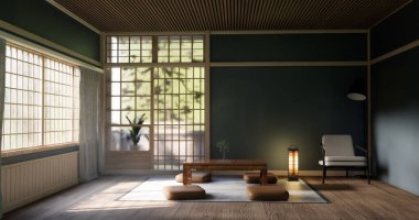 Japon geleneksel alçak masa ve en az muji odası japan tarzı 3D dekorasyon.