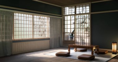 Japon geleneksel alçak masa ve en az muji odası japan tarzı 3D dekorasyon.