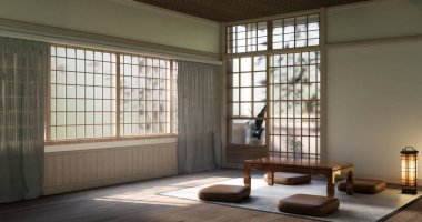 Japon geleneksel alçak masa ve en az muji odası japan tarzı 3D dekorasyon.
