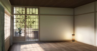 Muji tarzı boş oda ahşap paneller arka plan 3 boyutlu resimleme