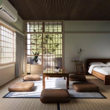 Japon geleneksel alçak masa ve en az muji odası japan tarzı 3D dekorasyon.