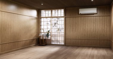 Muji tarzı boş oda ahşap paneller arka plan 3 boyutlu resimleme